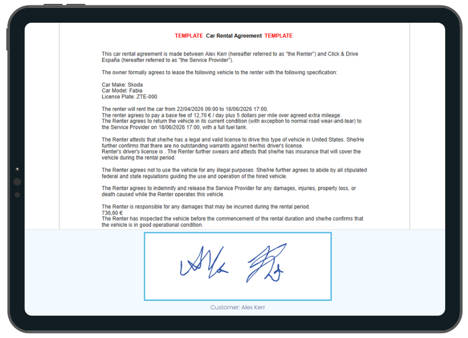 Digital signature for vehicle rental businesses