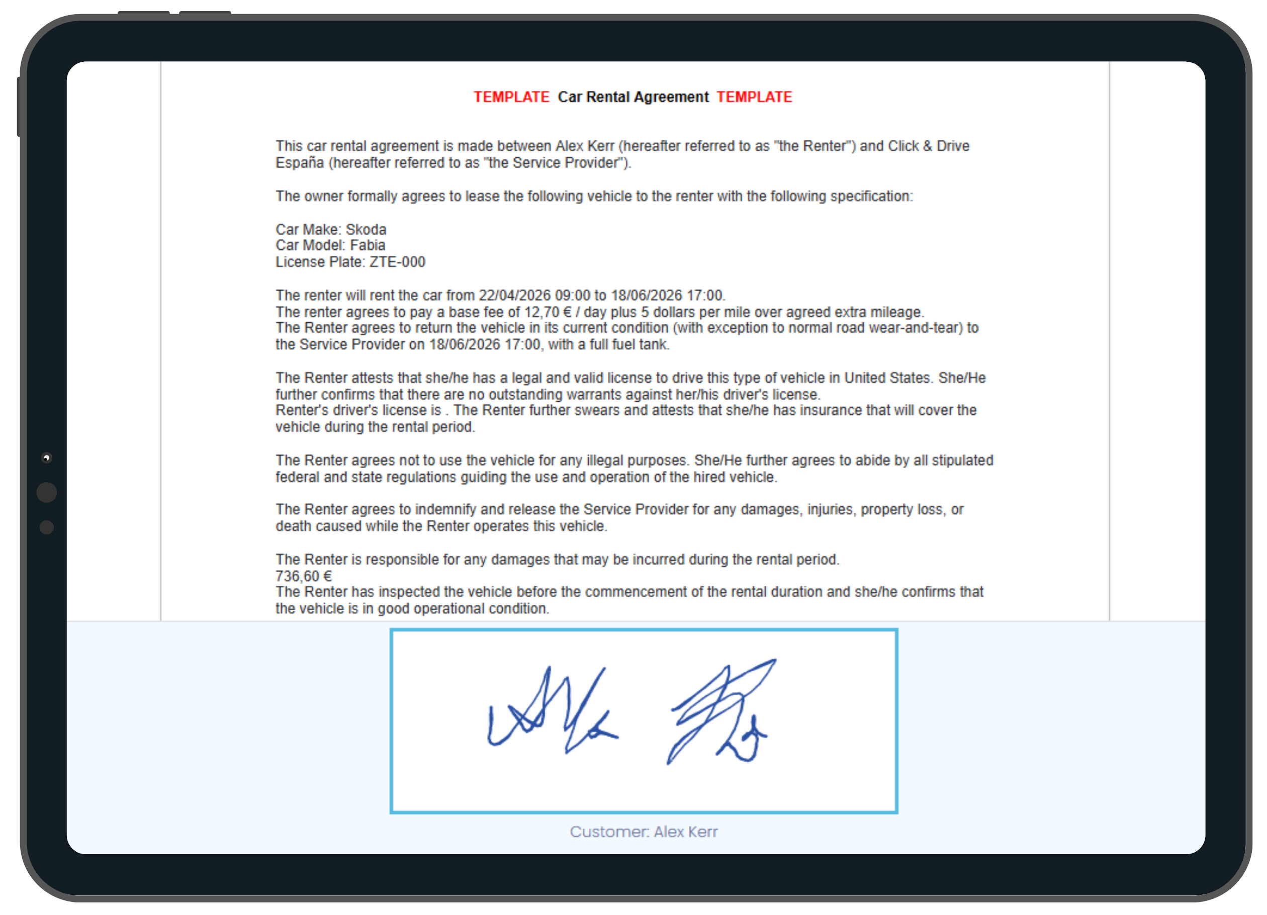 Digital signature for vehicle rental businesses
