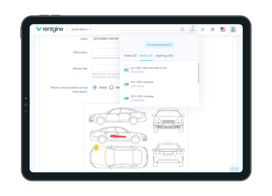 Vehicle condition tracking in Rentgine car rental software