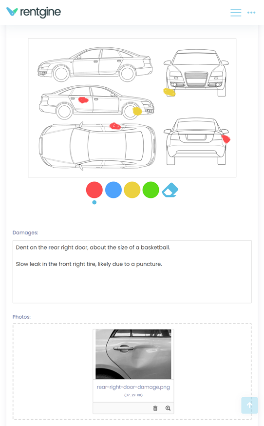 Recording damages on a vehicle in car rental software