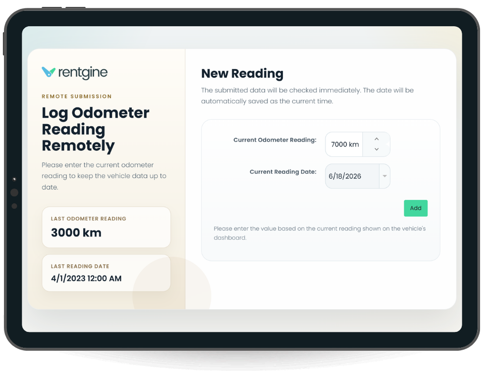 Rentgine's odometer reading submission screen