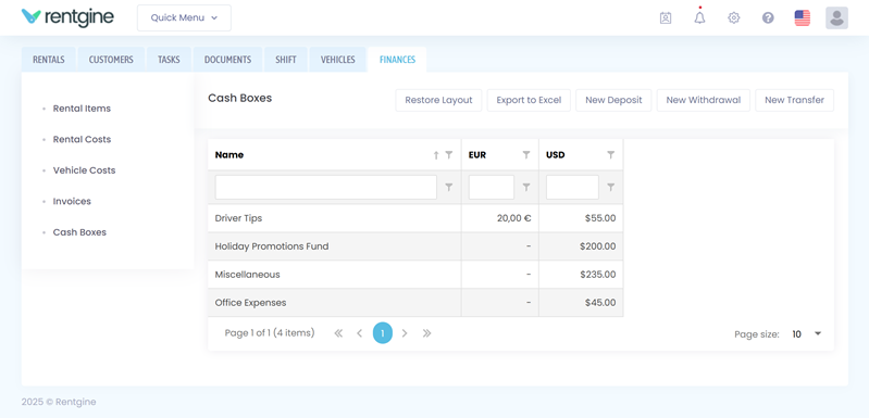 Managing cash boxes and finances in car rental software